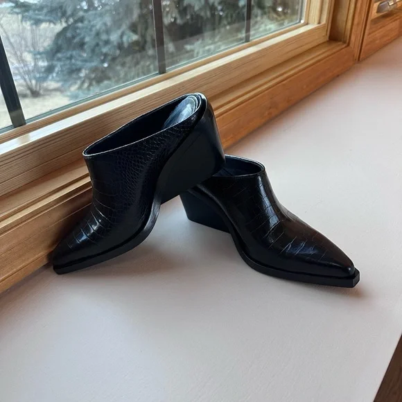 Rag & Bone Santiago Black Croc Embossed Wedge Mule Size 36.5 6.5 - Picture 3 of 8